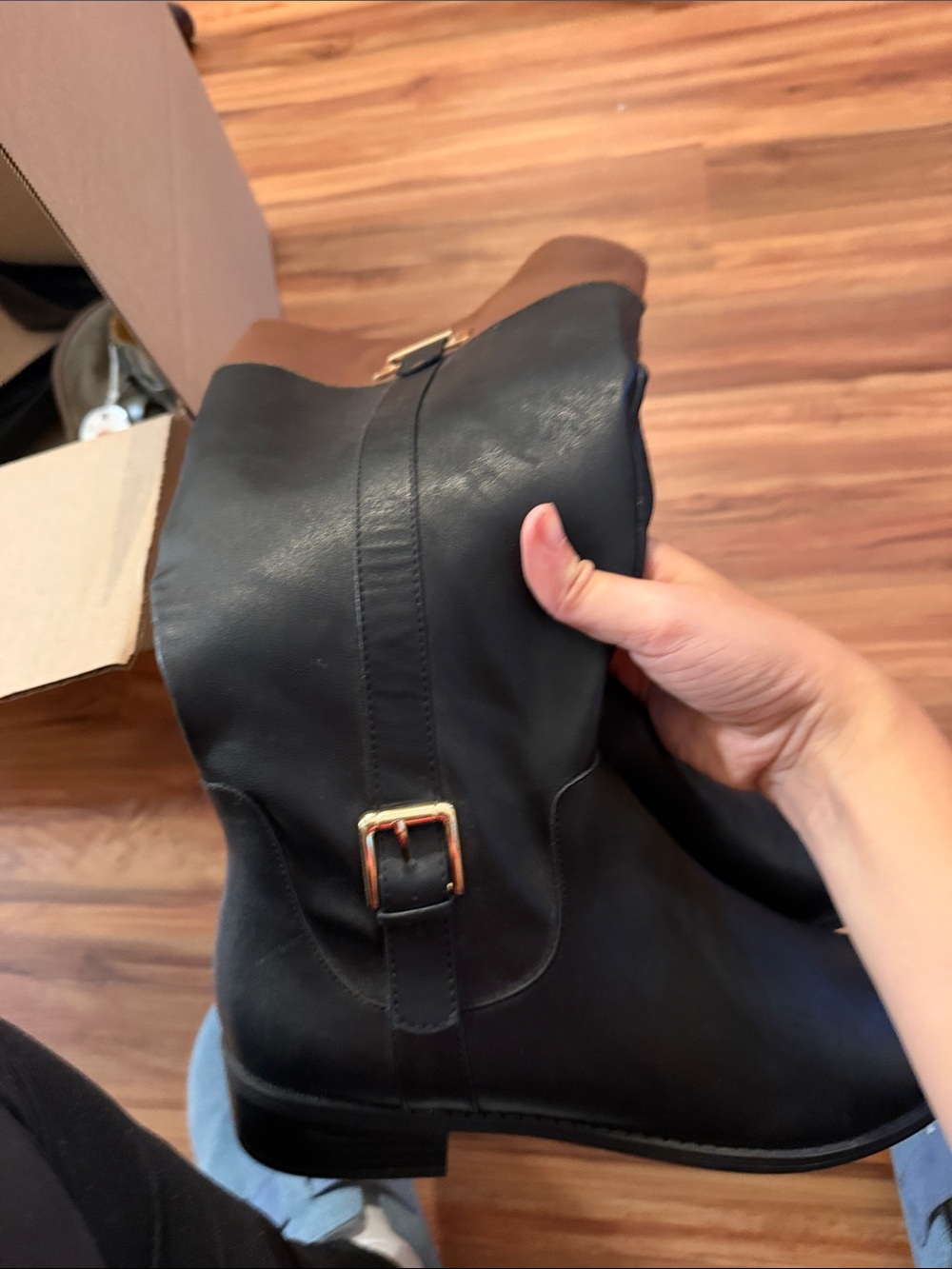 Black Leather Women's Ankle Boot with Gold Buckle Detail